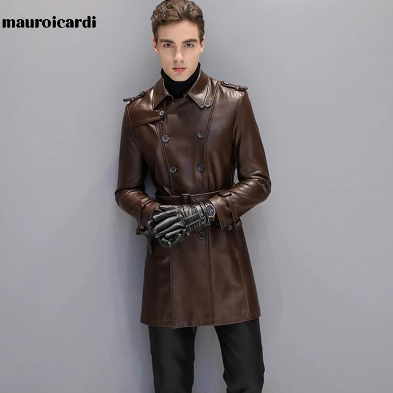 Mauroicardi automne noir Faux cuir Trench manteau hommes à manches longues ceinture Double boutonnag