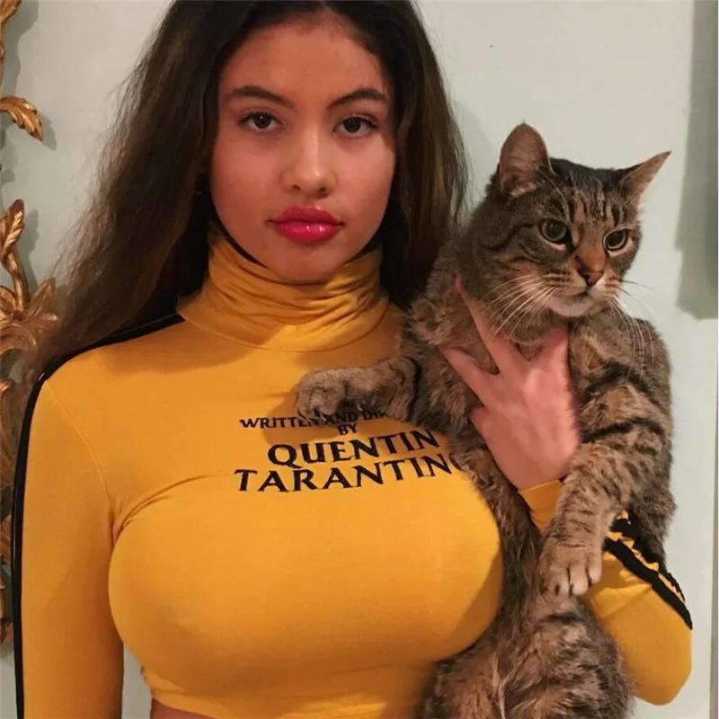 2025 mode Quentin Tarantino Sexy culture hauts femmes côté rayure à manches longues col roulé coton 