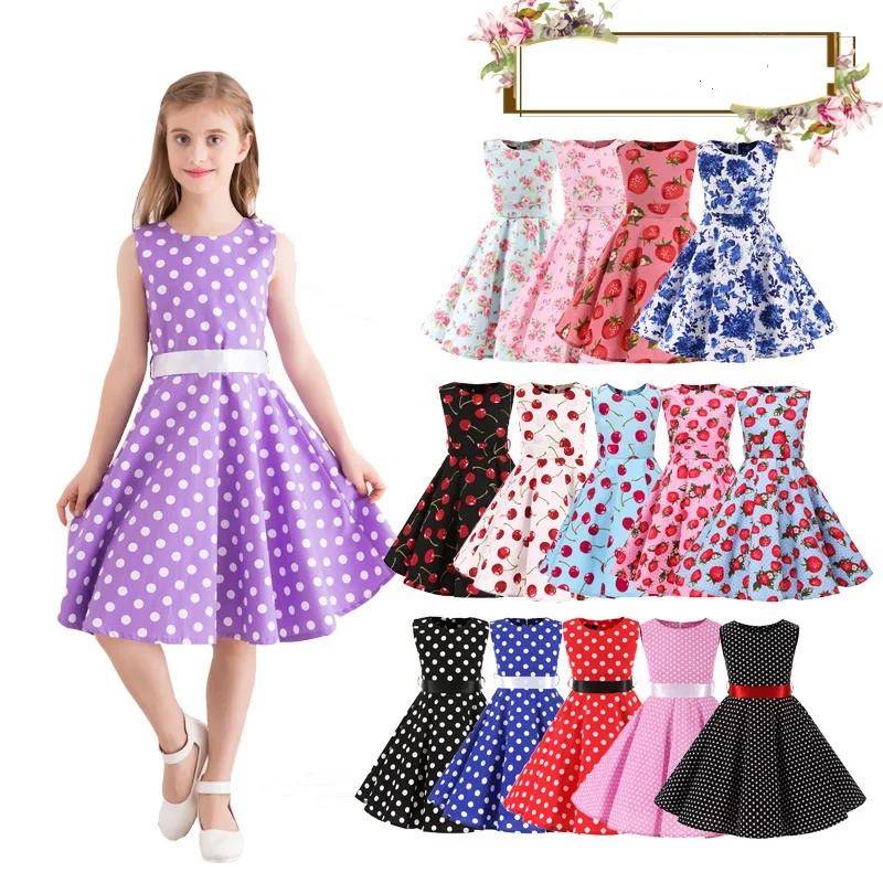 Robe en coton à pois vintage pour filles - Robe trapèze jupe plissée longueur genou style rétro