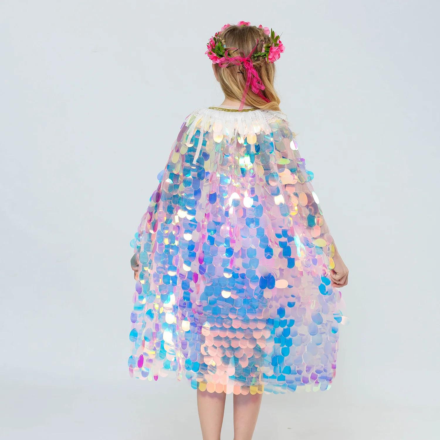 Cape à paillettes pour filles, petite sirène, vêtements de fête sur la plage, châle arc-en-ciel, Cos