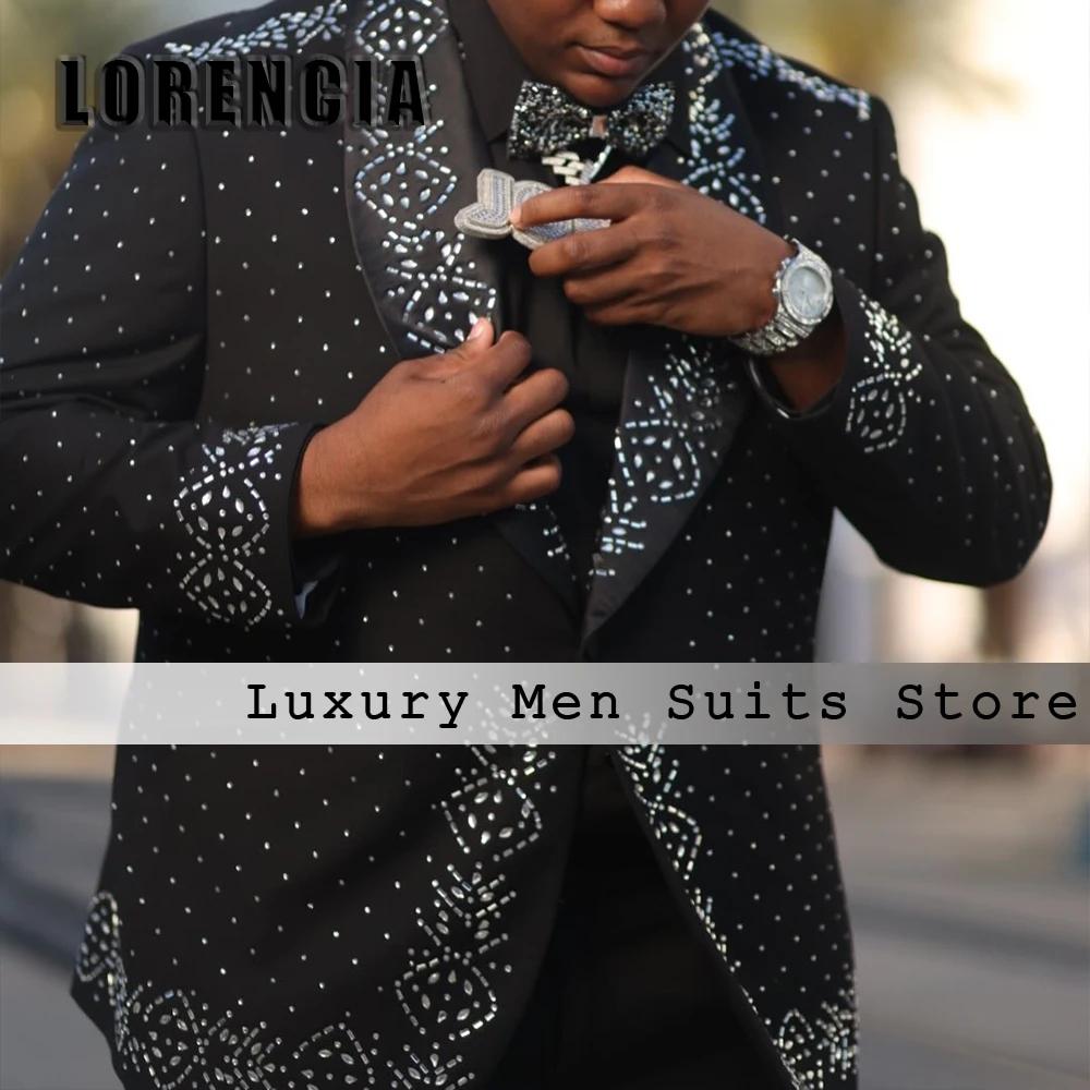 Costumes décontractés brillants en cristal pour hommes, 2 pièces, luxe, col châle, tenues de mariage