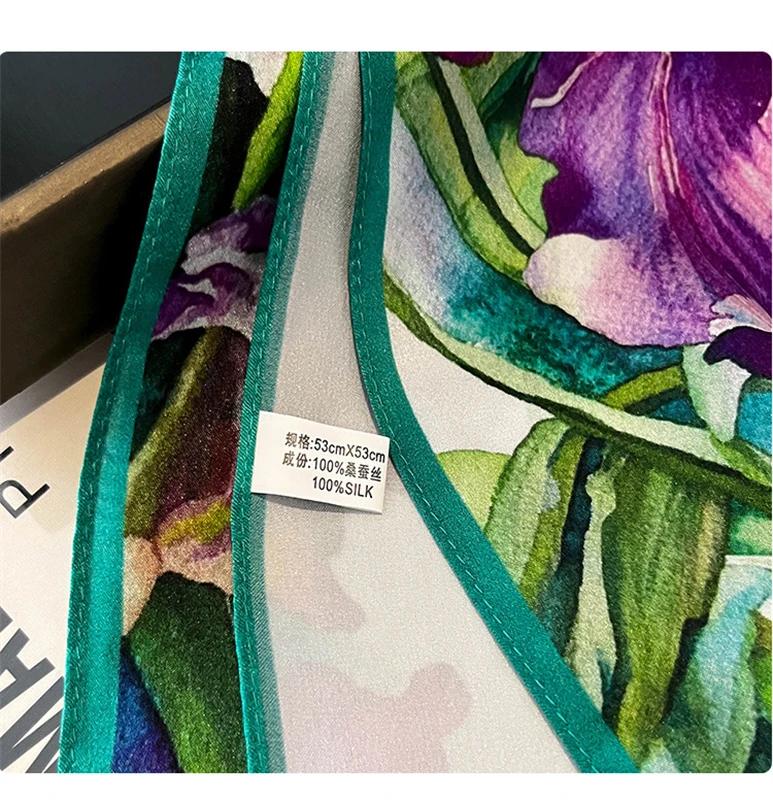 Foulard carré en soie véritable pour femmes, imprimé Floral, châle de luxe, Hijab, bandeau Bandana, 