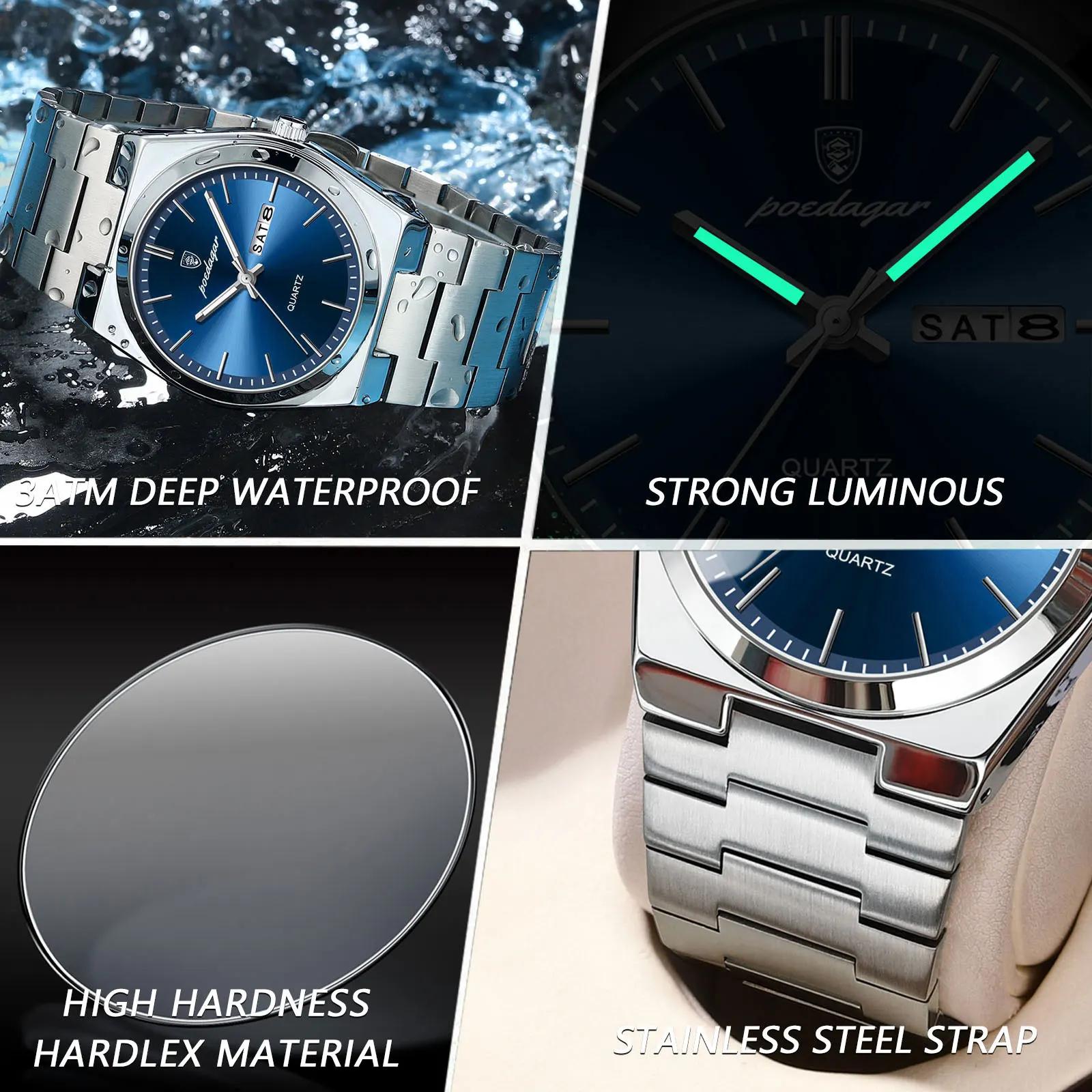POEDAGAR montres de luxe pour hommes en acier inoxydable étanche lumineux homme montre Date semaine 