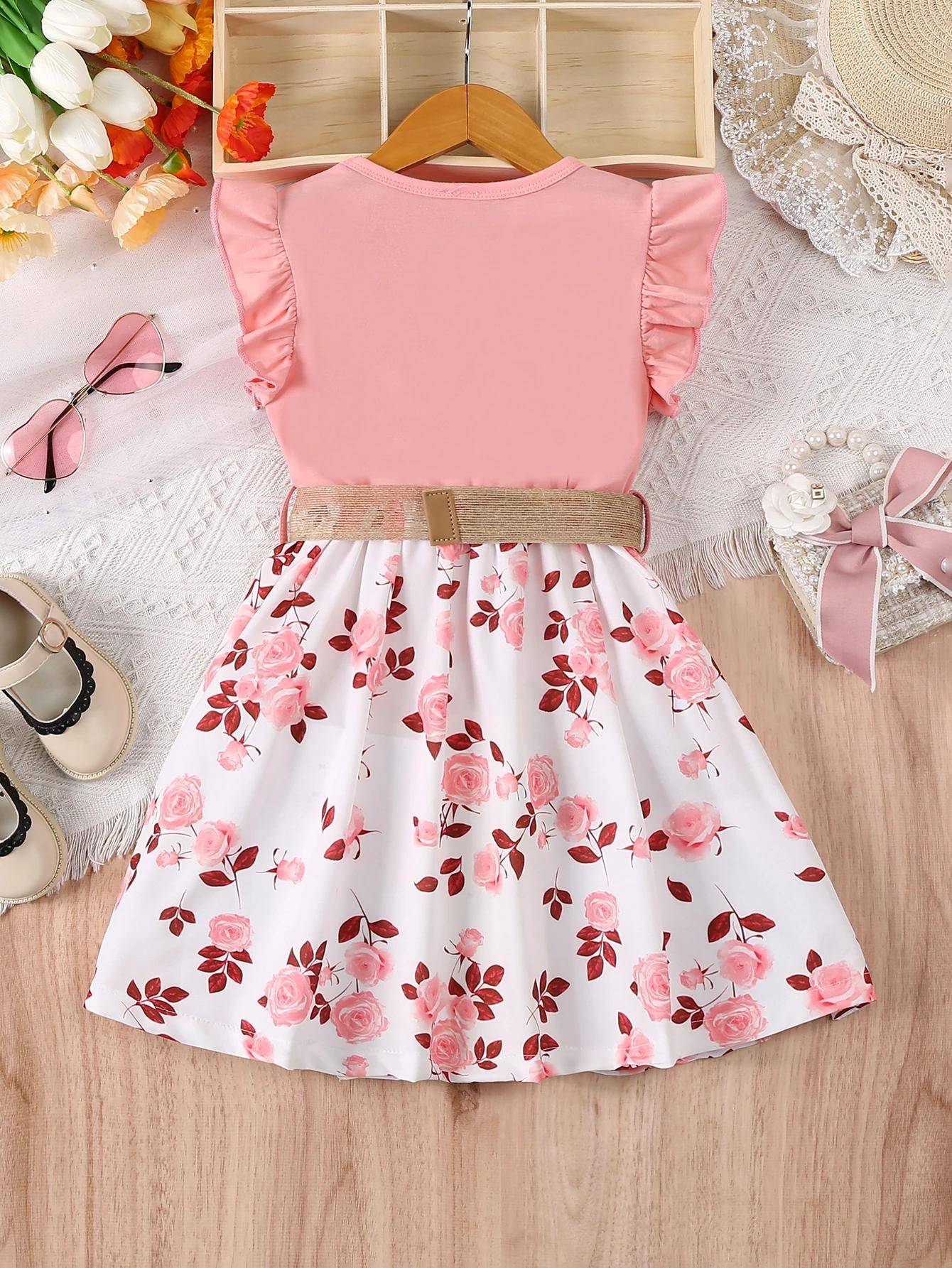 Robe décontractée à imprimé floral romantique pour fille, avec bords à volants et petites manches vo