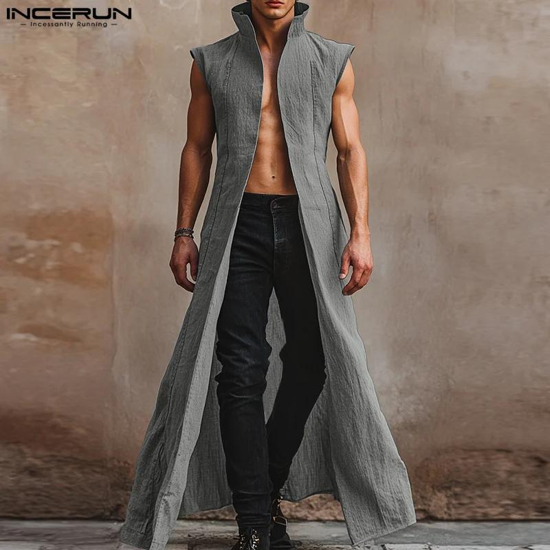 INCERUN hommes chemises de Style Long solide col montant sans manches décontracté mâle Cardigan Stre