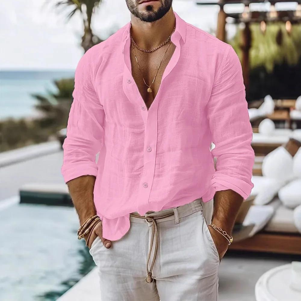 Chemise en coton et lin pour hommes, Style plage d'été, couleur unie, simple boutonnage, chemises re