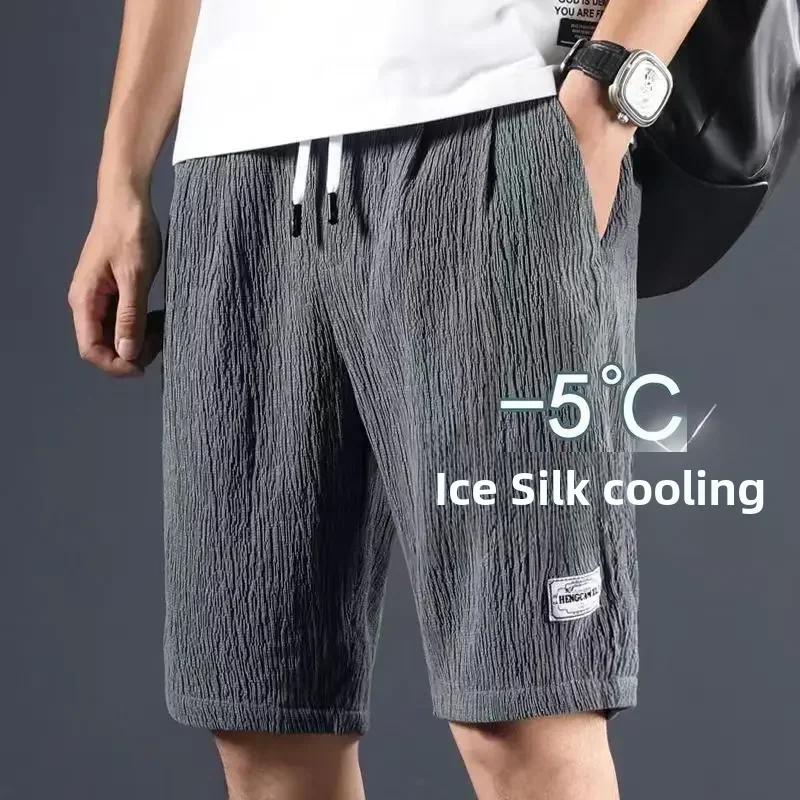 Short décontracté en soie glacée pour hommes, coupe ample, Style d'été, grands pantalons, vêtements 