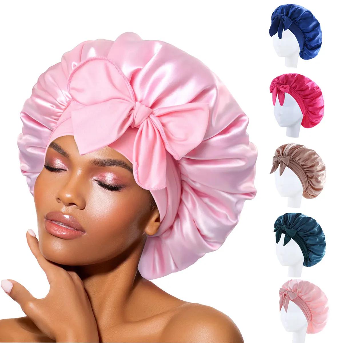 Chapeau en soie avec nœud pour femmes, grand Bonnet de soins pour cheveux longs et bouclés, Double c