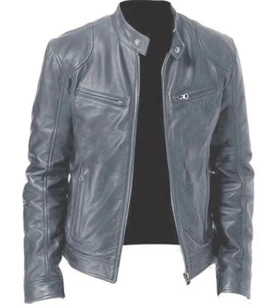 Veste en cuir PU coupe couvertes pour hommes, col montant, vestes à glissière alertes onale, revers 