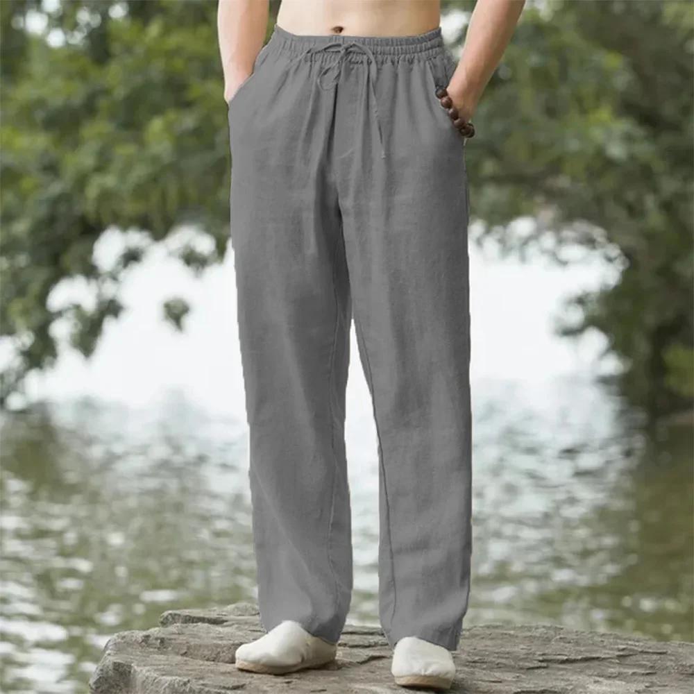 Pantalon de plage pour hommes, jogging, Streetwear, coton et lin, pantalon de survêtement décontract