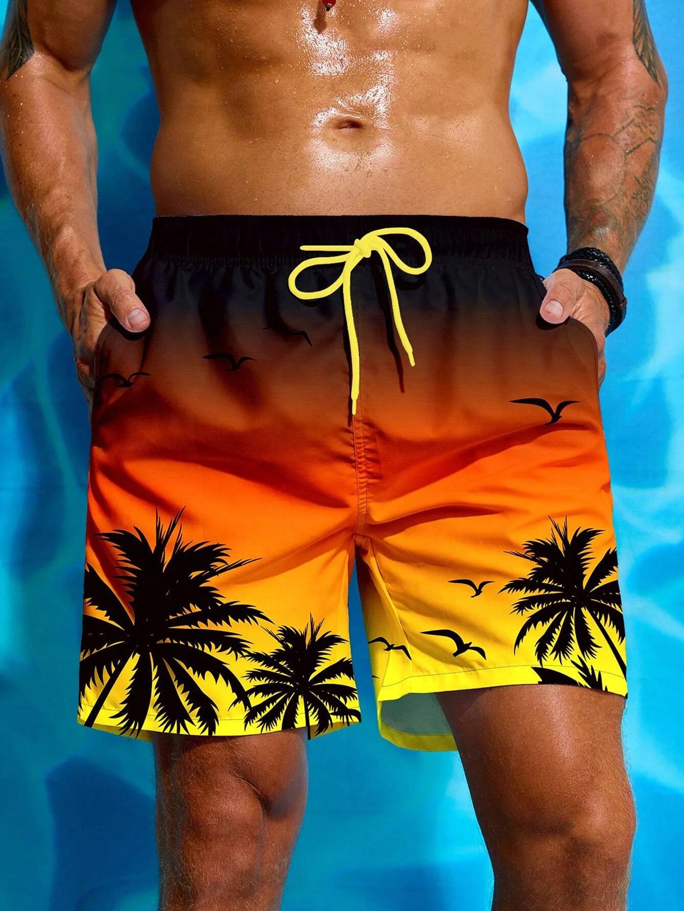 Short de bain respirant avec imprimé palmier pour hommes, short de planche à la taille, maillot de b
