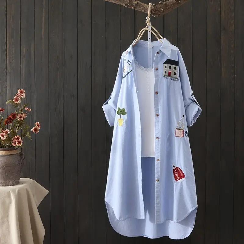 Femmes coton broderie ample longues chemises blanches 2025 printemps automne nouveau décontracté bur