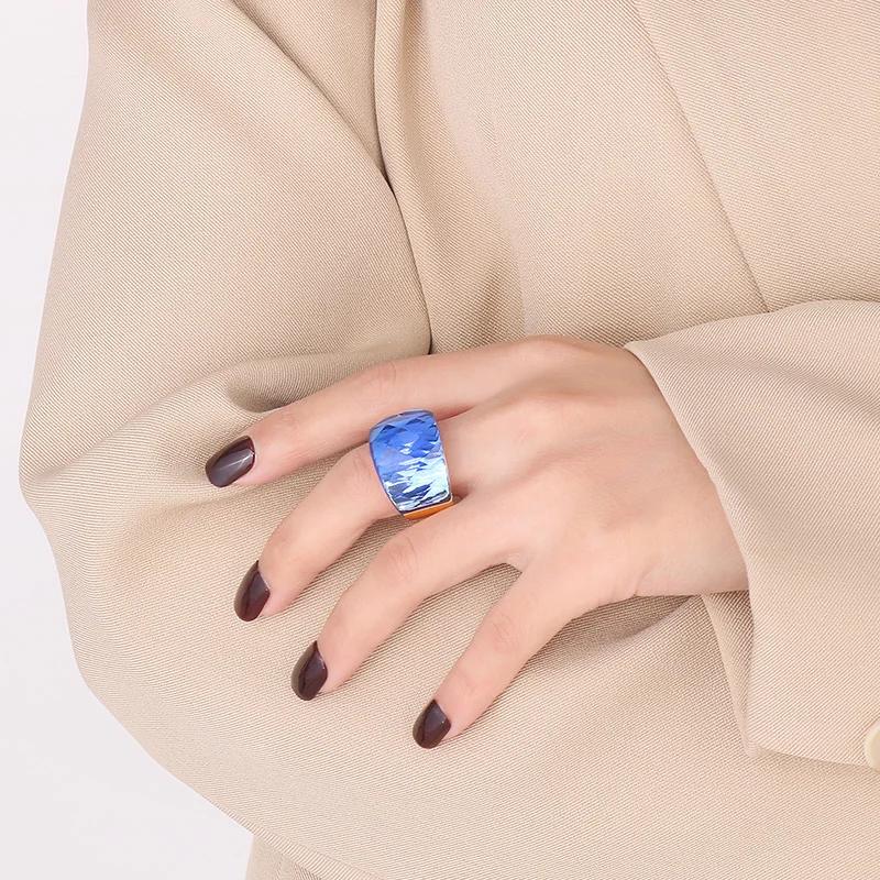 Bagues de fiançailles en acier inoxydable pour femmes, grande pierre de verre de cristal, couleur ro