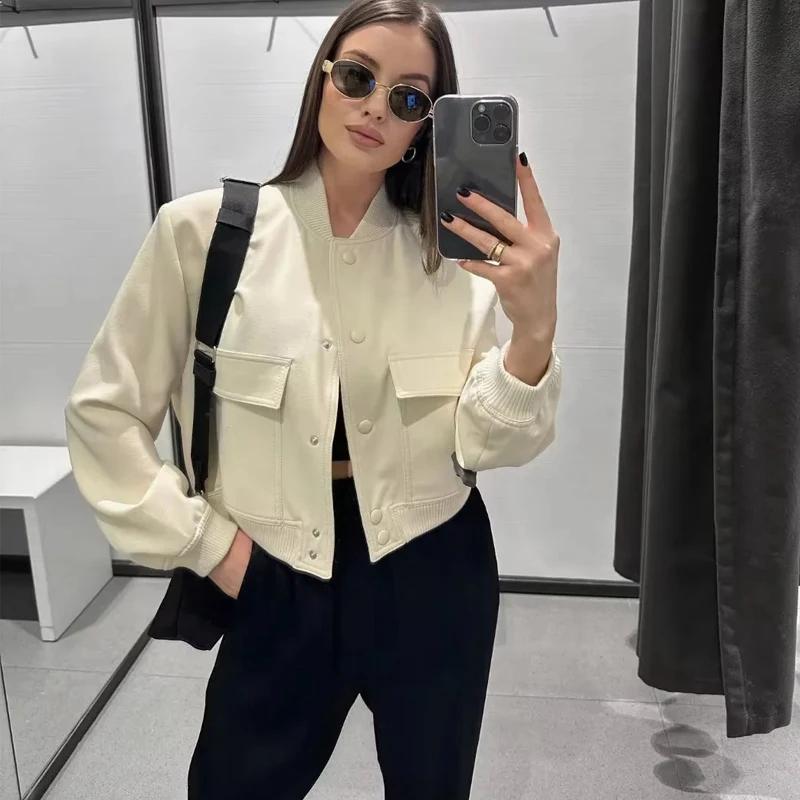 HXAO femme Bomber veste manteau blanc automne hiver bouton Baseball aviateur recadrée vestes pour fe