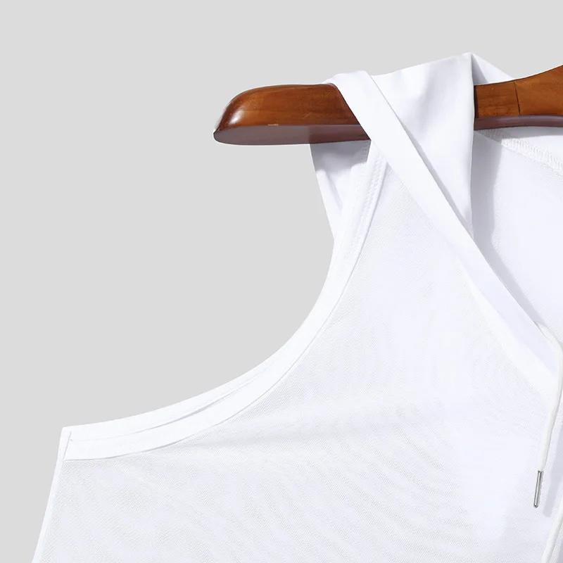 Nouveau Chic hommes à capuche sport débardeurs Sexy couleur unie Transparent sans manches T-shirt ét