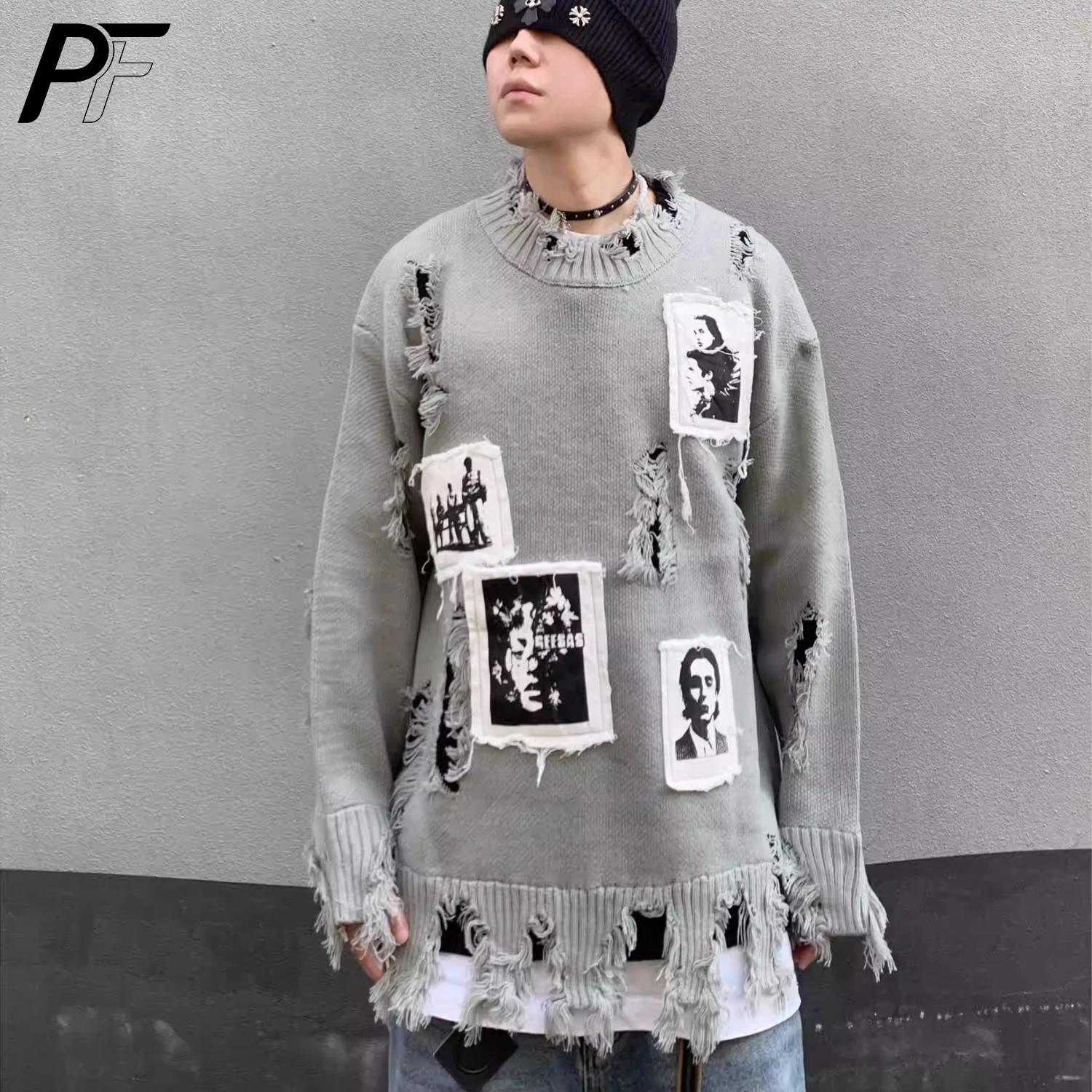 Pull col rond déchiré style rétro américain avec patch portrait, coupe ample, manches longues, décon