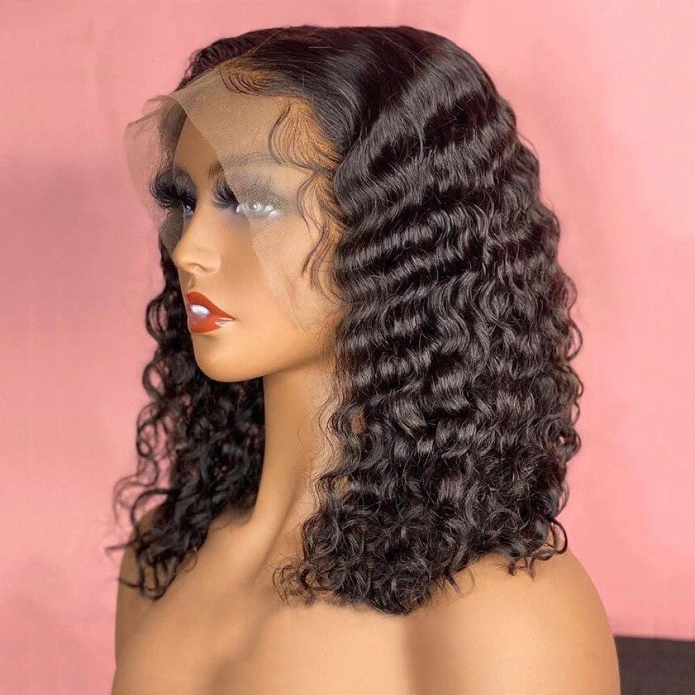 Perruque BOB Lace Front Wig naturelle bouclée, cheveux humains, 13x4 HD, pre-plucked, transparente, 