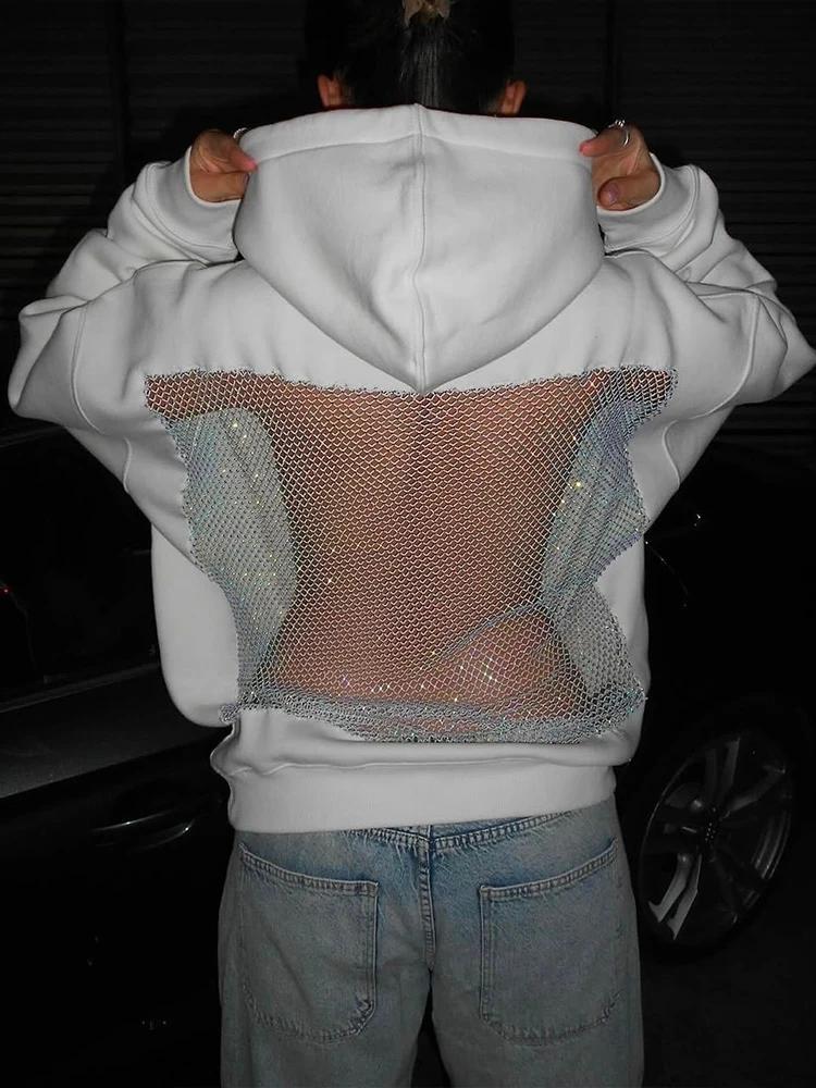 Sisterlinda sweat à capuche Harajuku femmes automne tendance dos nu brillant maille Patchwork décont