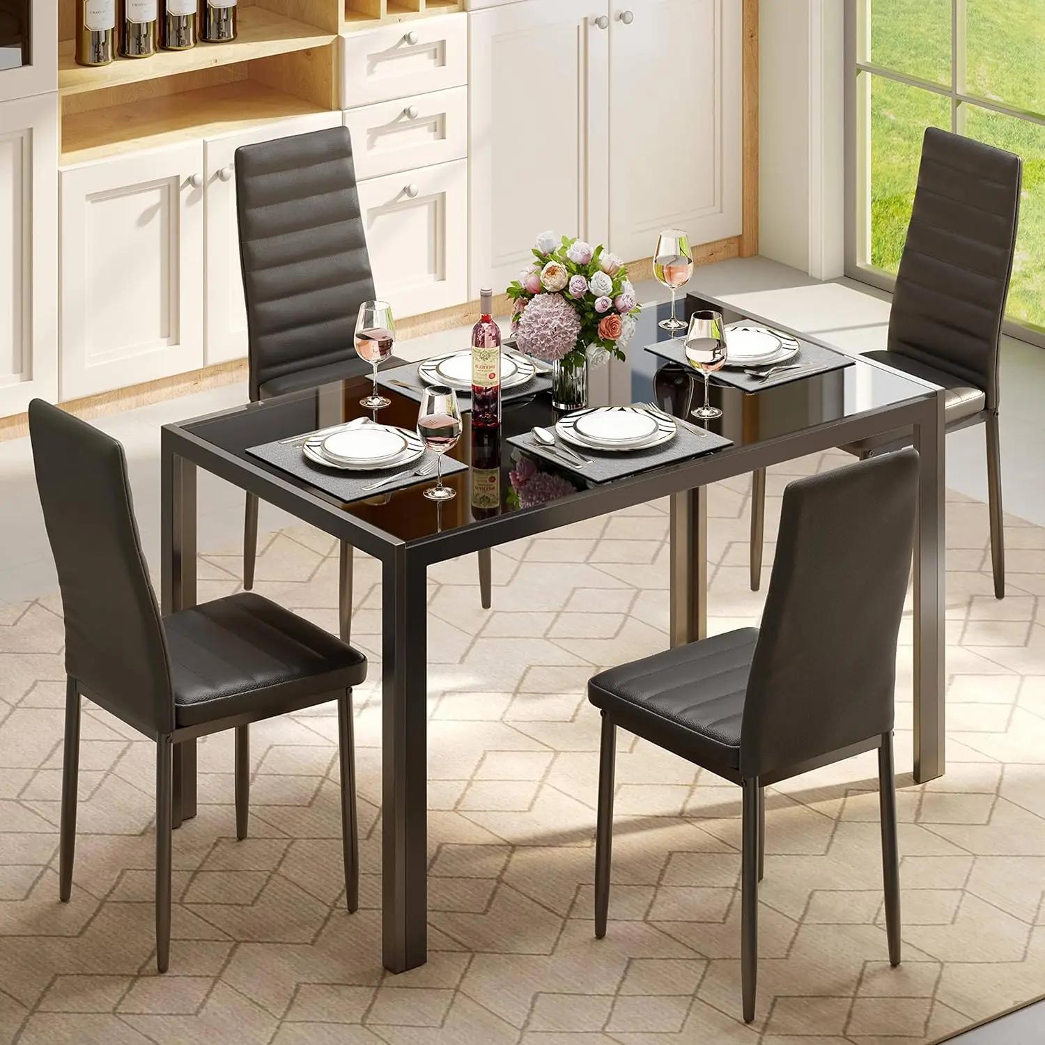 Table à manger verre 5 pièces avec chaises cuir PU - Ensemble salle à manger moderne pour cuisine salon