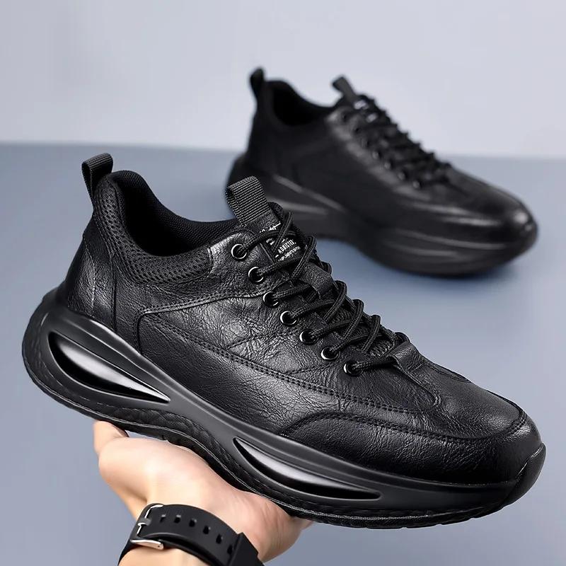 Chaussures décontractées en cuir pour hommes, baskets tendance à semelle épaisse, chaussures de marc