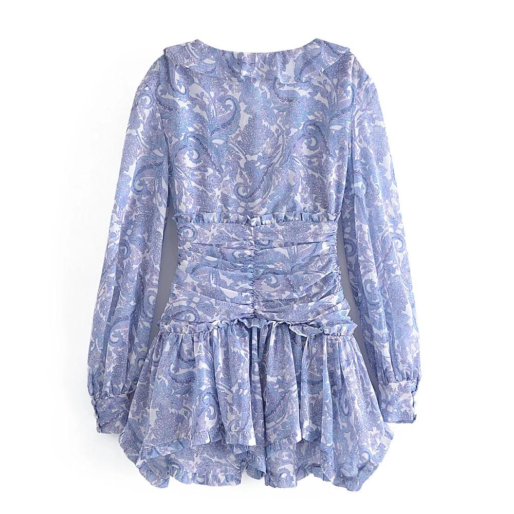 Mini Robe en mousseline de soie à imprimé Floral bleu pour femmes, 2022, oreilles en bois, volants, 