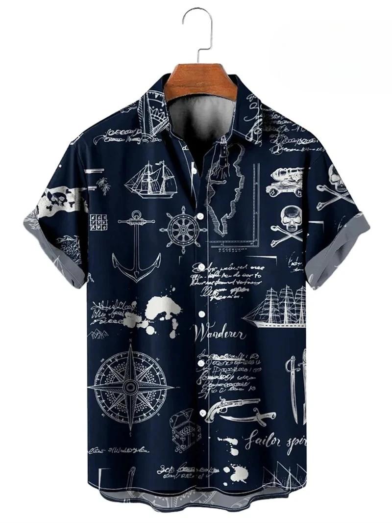 Vintage boutonné chemise homme 3d carte imprimé à manches courtes chemise hawaïenne revers vêtements