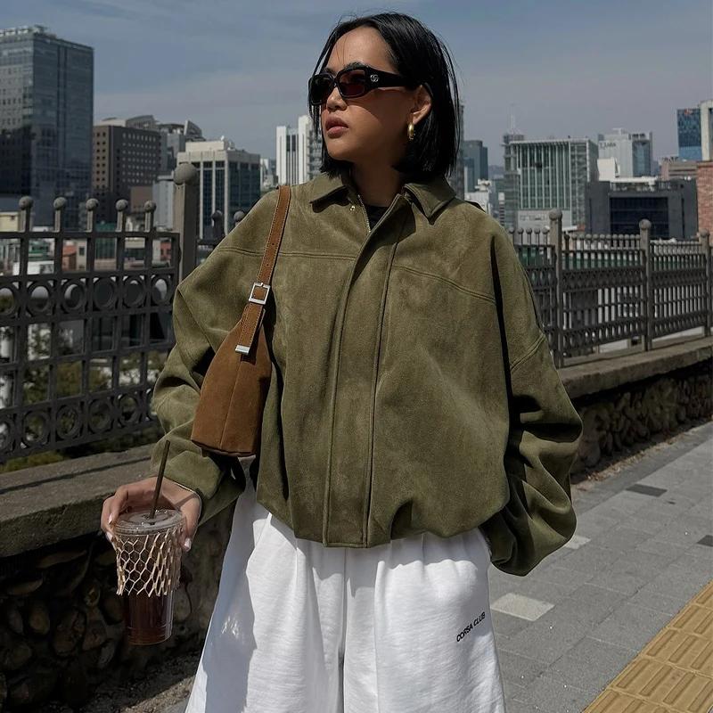 HXAO femmes Bomber veste revers fermeture éclair manches longues veste en daim femmes 2025 haute rue