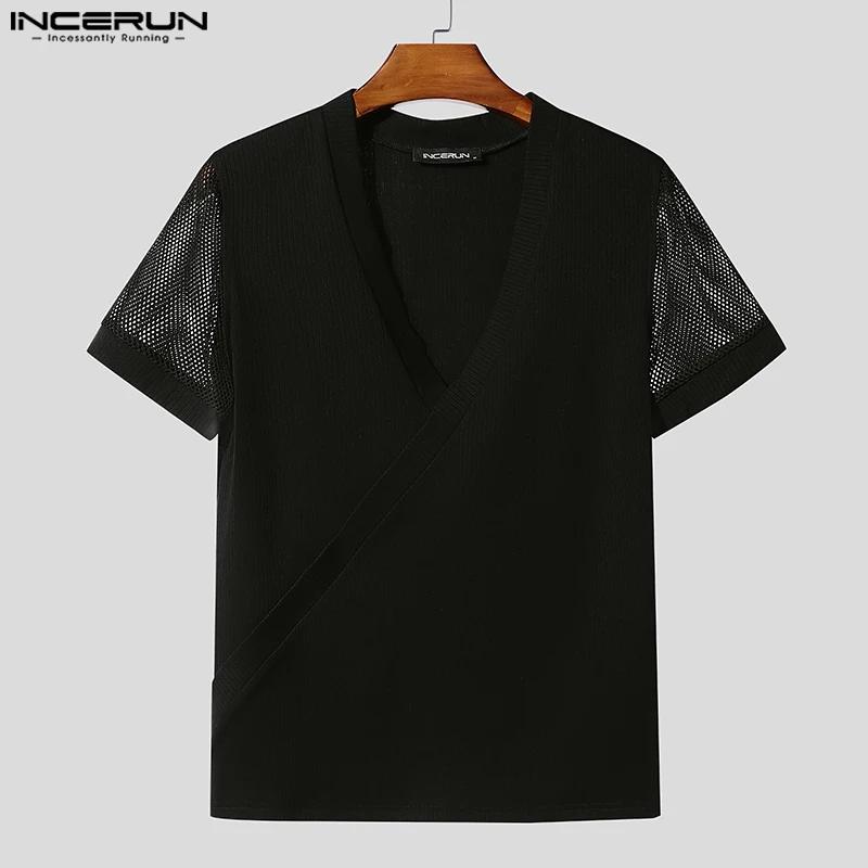 INCERUN hommes t-shirt maille Patchwork col en V à manches courtes hommes t-shirt hauts été Streetwe