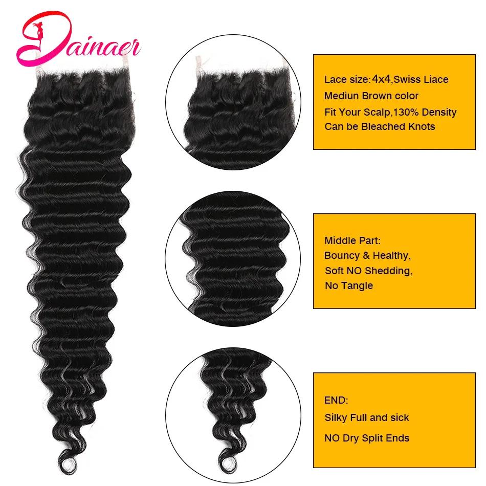 Perruque Lace Closure Deep Wave Brésilienne Remy 100% Naturelle, Cheveux Humains Doux, 4x4, Pre-Pluc