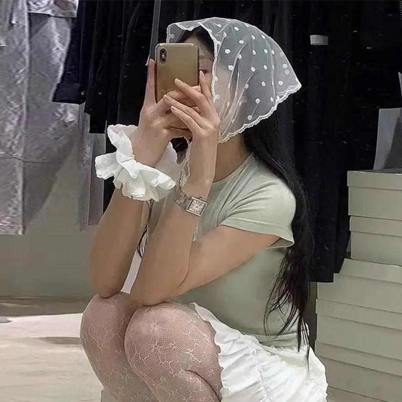 Foulard triangulaire en dentelle pour femmes, accessoire de cheveux Simple à pois, bandeau de Style 