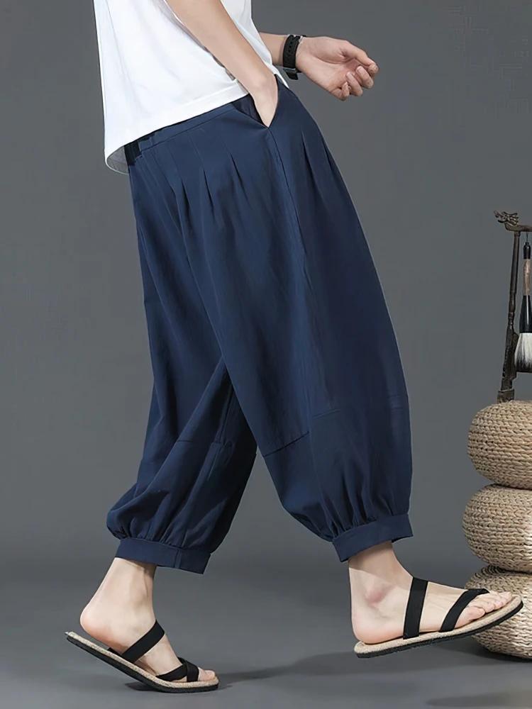 Short d'été en coton et lin pour hommes, Baggy, jambes larges, pantalon Capris décontracté, Sport, c