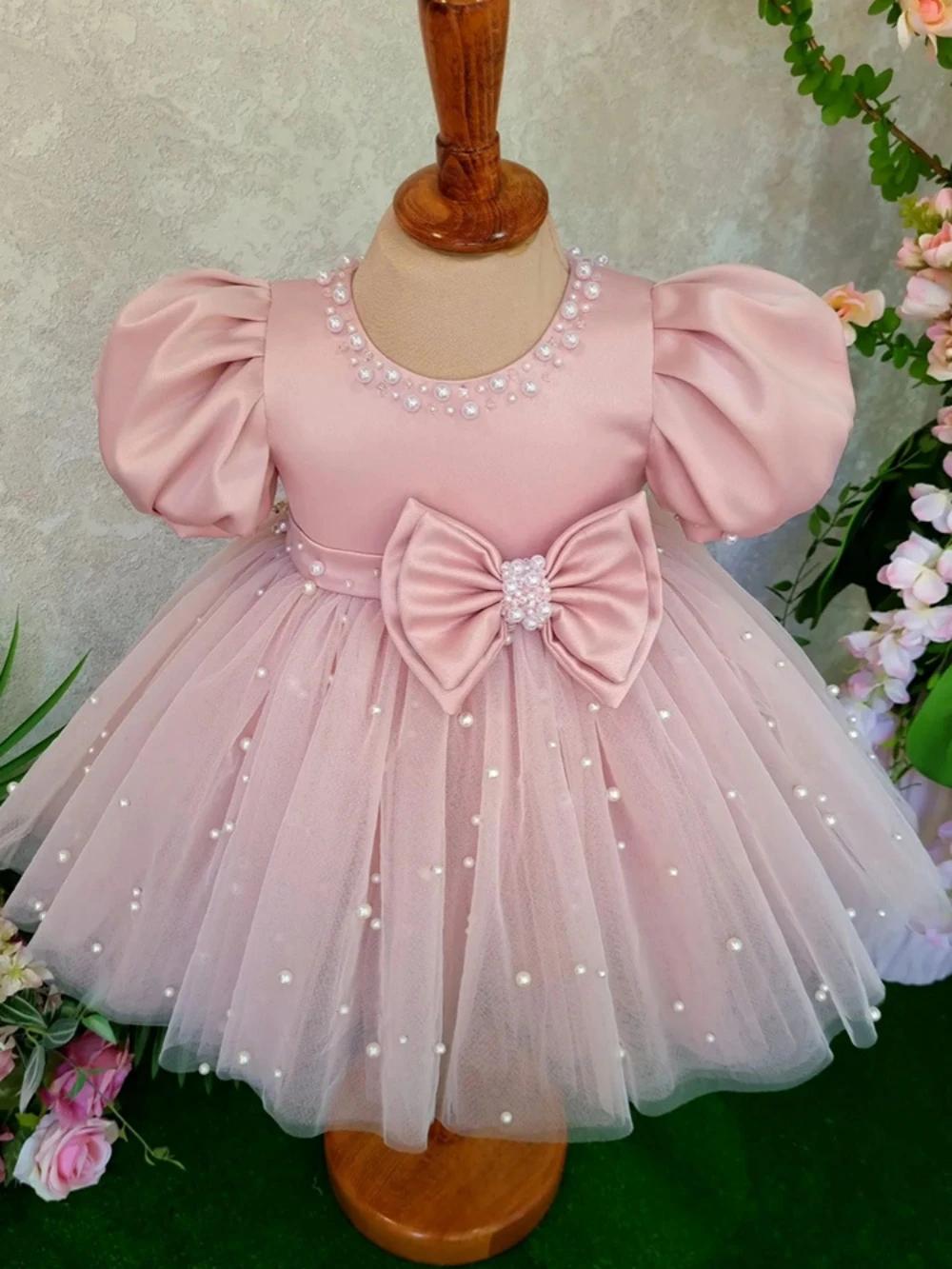 Robe rose à manches bouffantes et col rond pour fille, tenue de soirée de mariage, avec nœud brillan