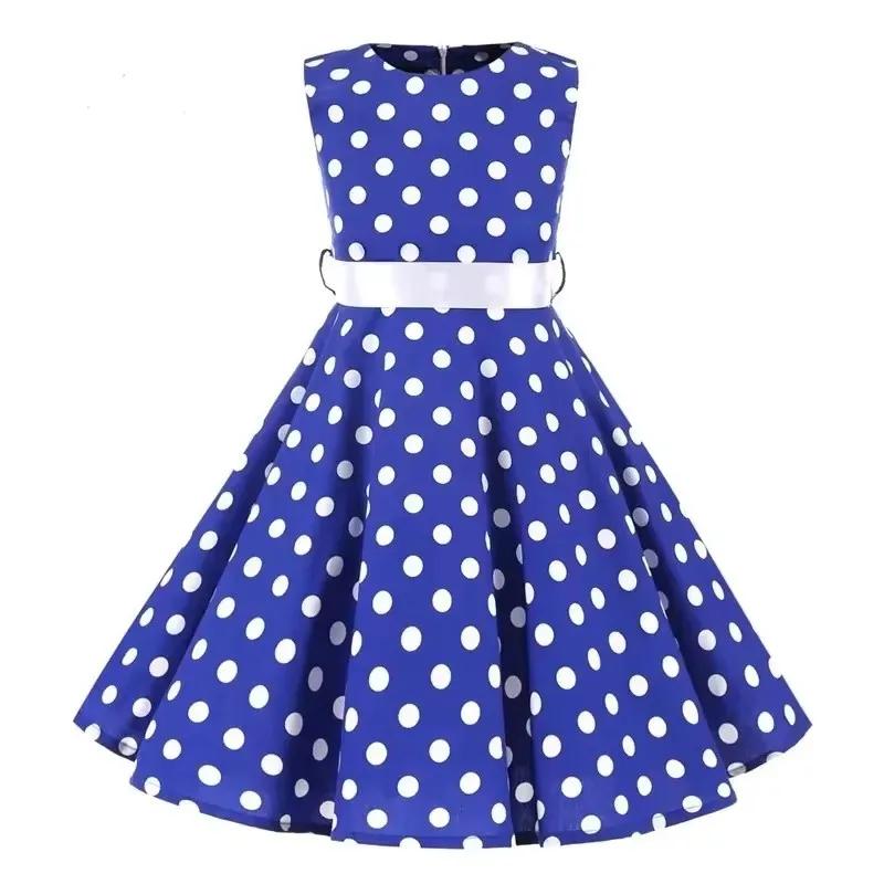 Robe en coton à pois vintage pour filles - Robe trapèze jupe plissée longueur genou style rétro