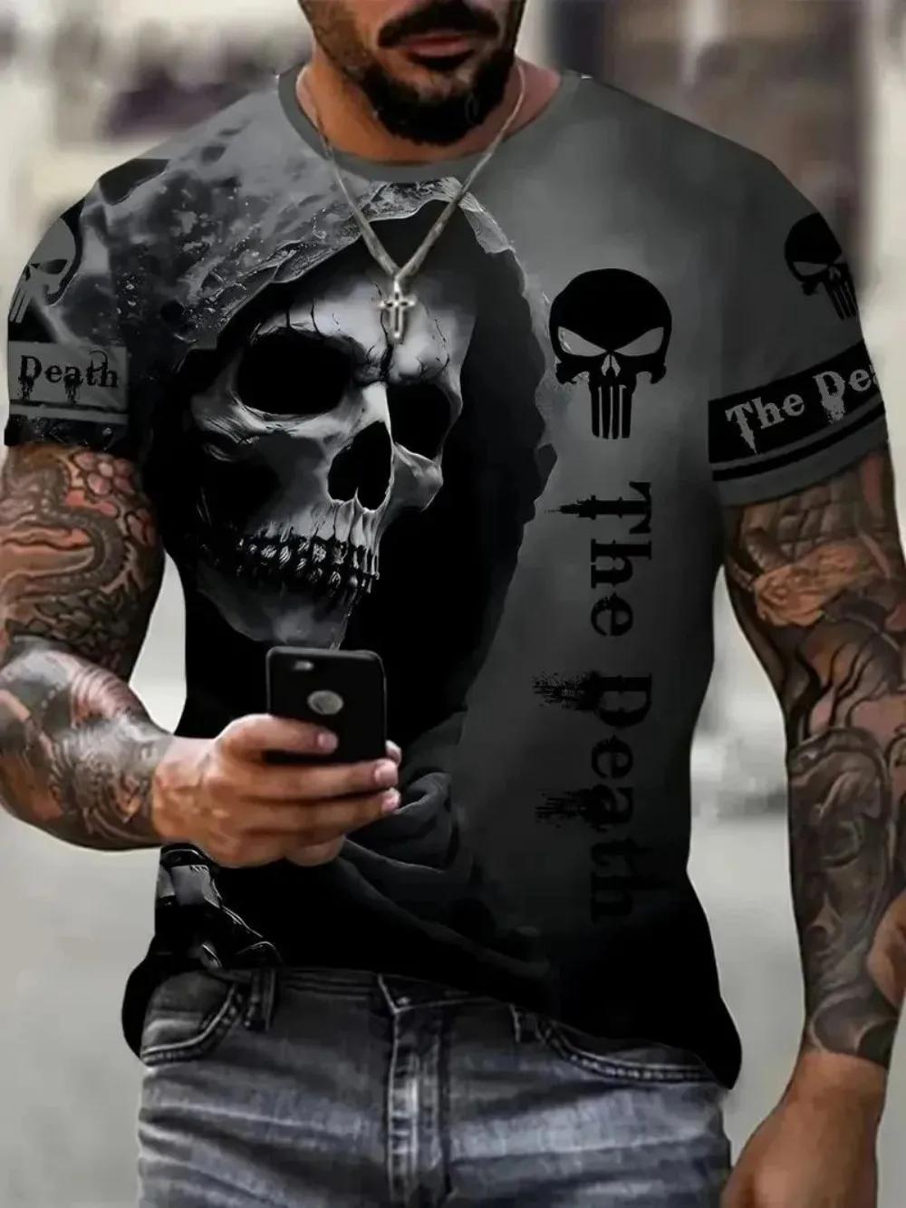 Horreur mort été hommes respirant col rond T-shirt crâne imprimé Halloween rue Hip Hop décontracté h
