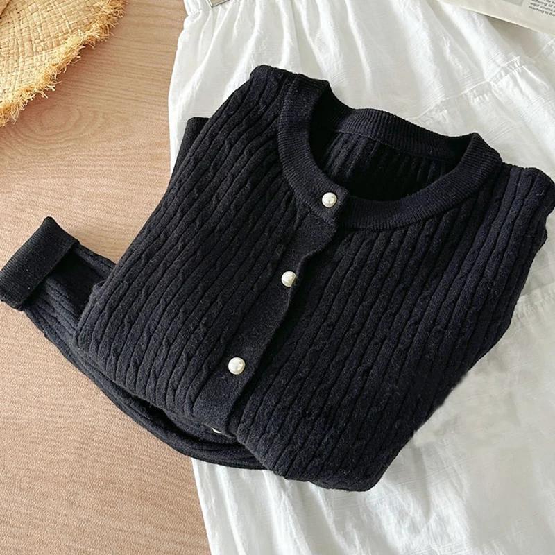 Élégant à manches longues tricots hauts femmes automne hiver simple boutonnage pull col rond épais c