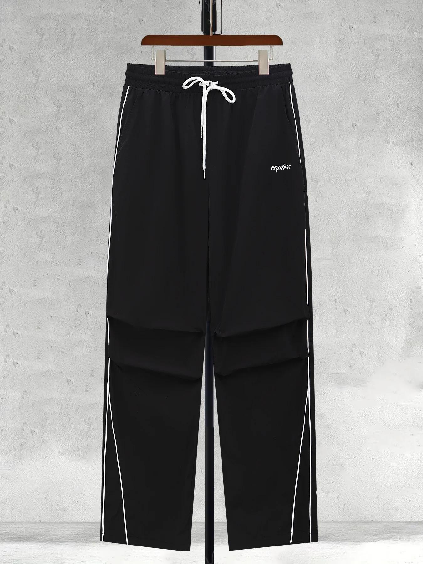 Pantalon décontracté pour homme, coupe droite, noir et blanc, avec cordon de serrage, style cargo, p