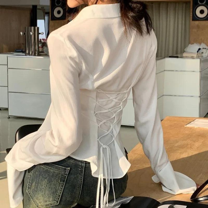 Chemisier slim à manches cloche pour femmes, chemises bandage coréennes, streetwear tout assressenti