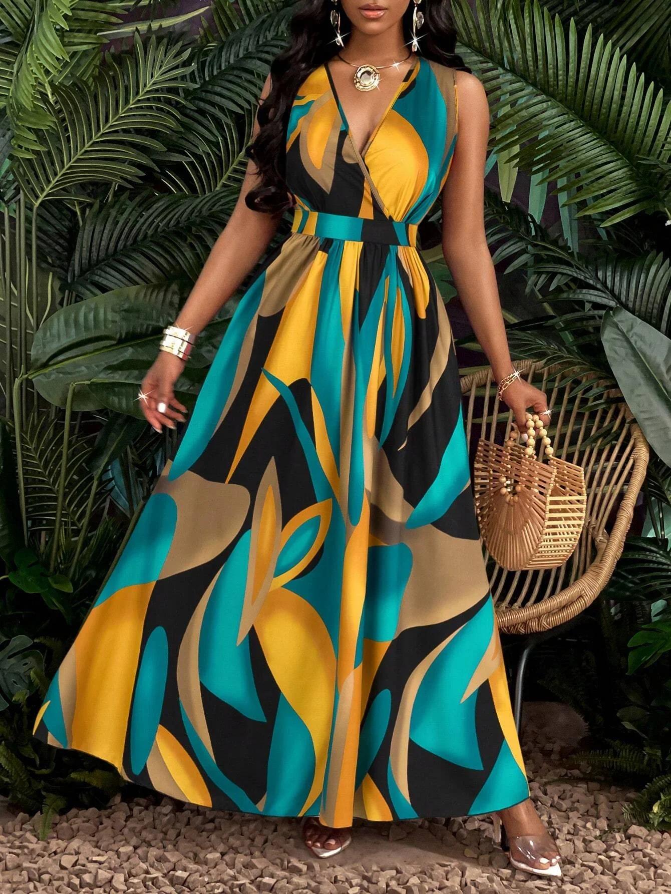 Robe femme sans manches, col en V, longueur au sol, avec imprimés abstraits, à la mode pour la plage