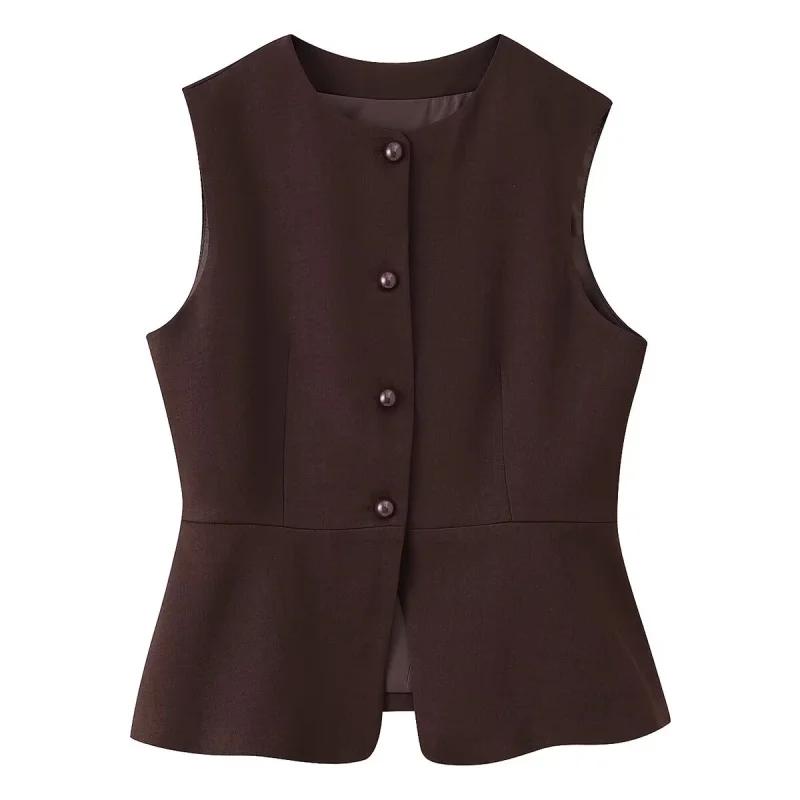 ETJ automne 2025 femmes élégant mode couleur unie col rond gilet tempérament polyvalent bouton up gi