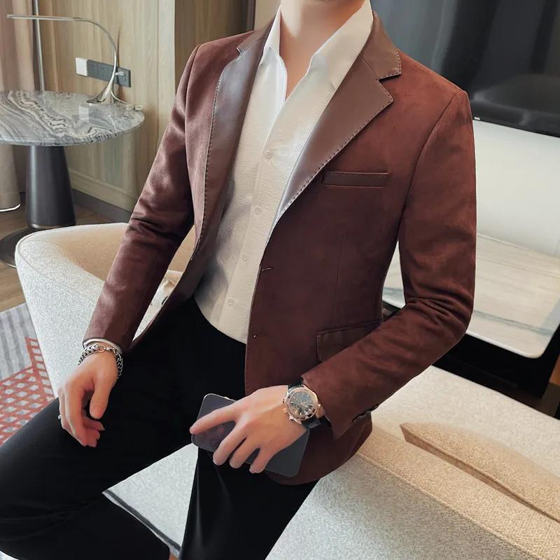 Veste en cuir à simple boutonnage pour hommes, de haute qualité, à la mode, col épissé, couleur unie