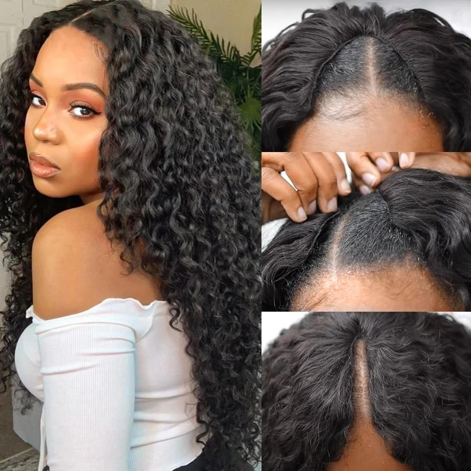 Perruque Brésilienne Bouclée sans Colle pour Femme, Cheveux Naturels Vierges, Deep Wave, U-part, 250
