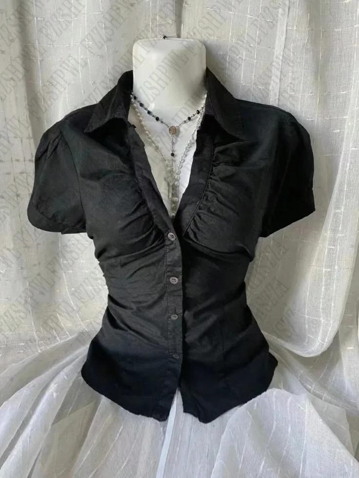 Vintage esthétique femmes personnalité Y2K mince vêtements mode chemises Harajuku à manches courtes 