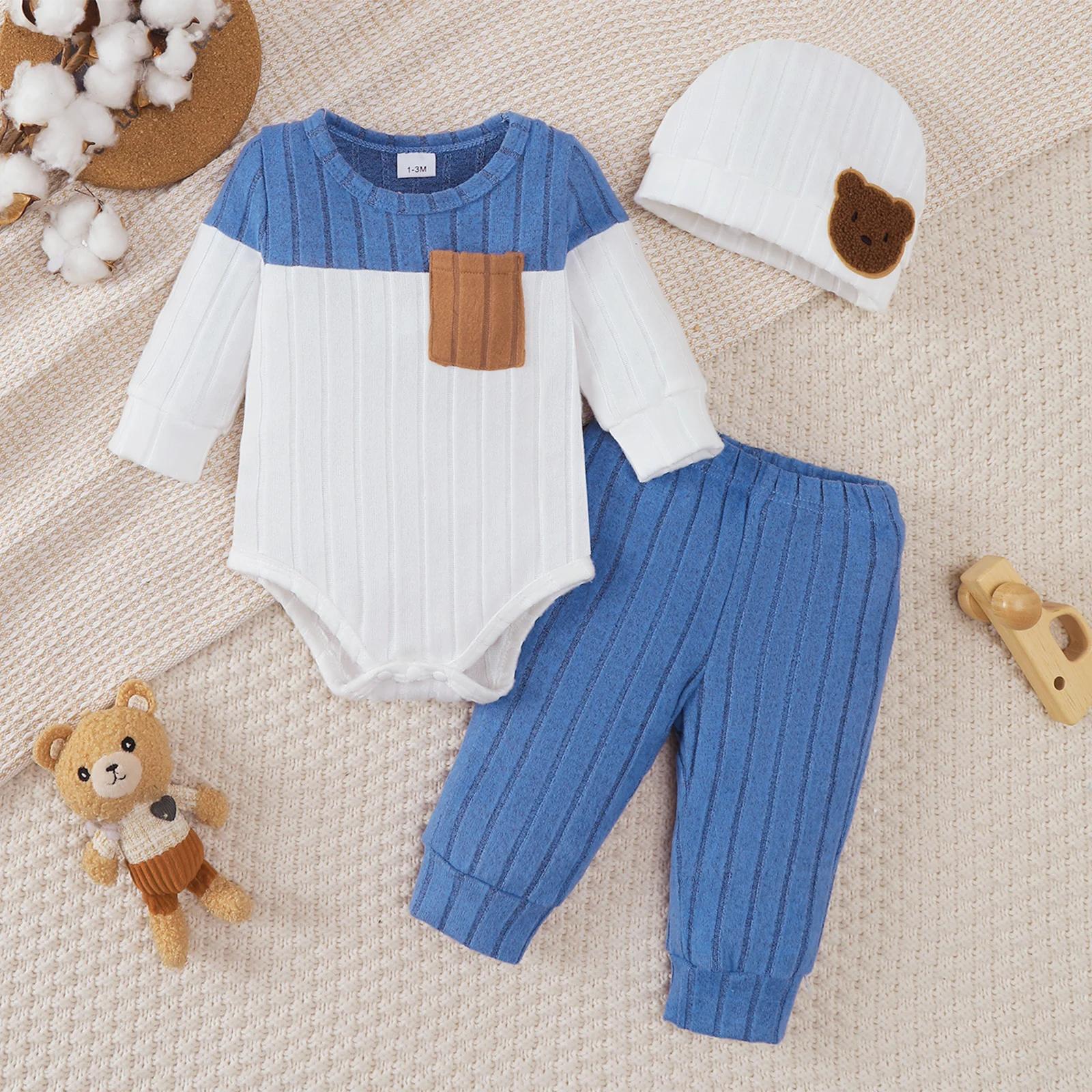 0-18 mois nouveau-né bébé garçon ensemble col rond couleur bloquée body + pantalon + chapeau confort