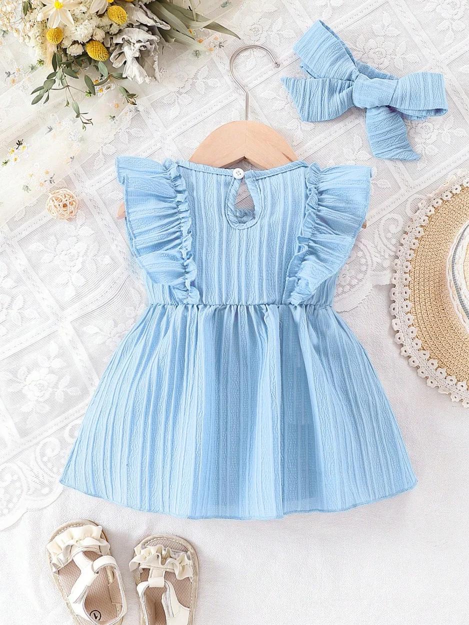 Robe d'été bleue pour bébé fille, avec bords à volants et nœud, robe de Style doux et mignon, adapté