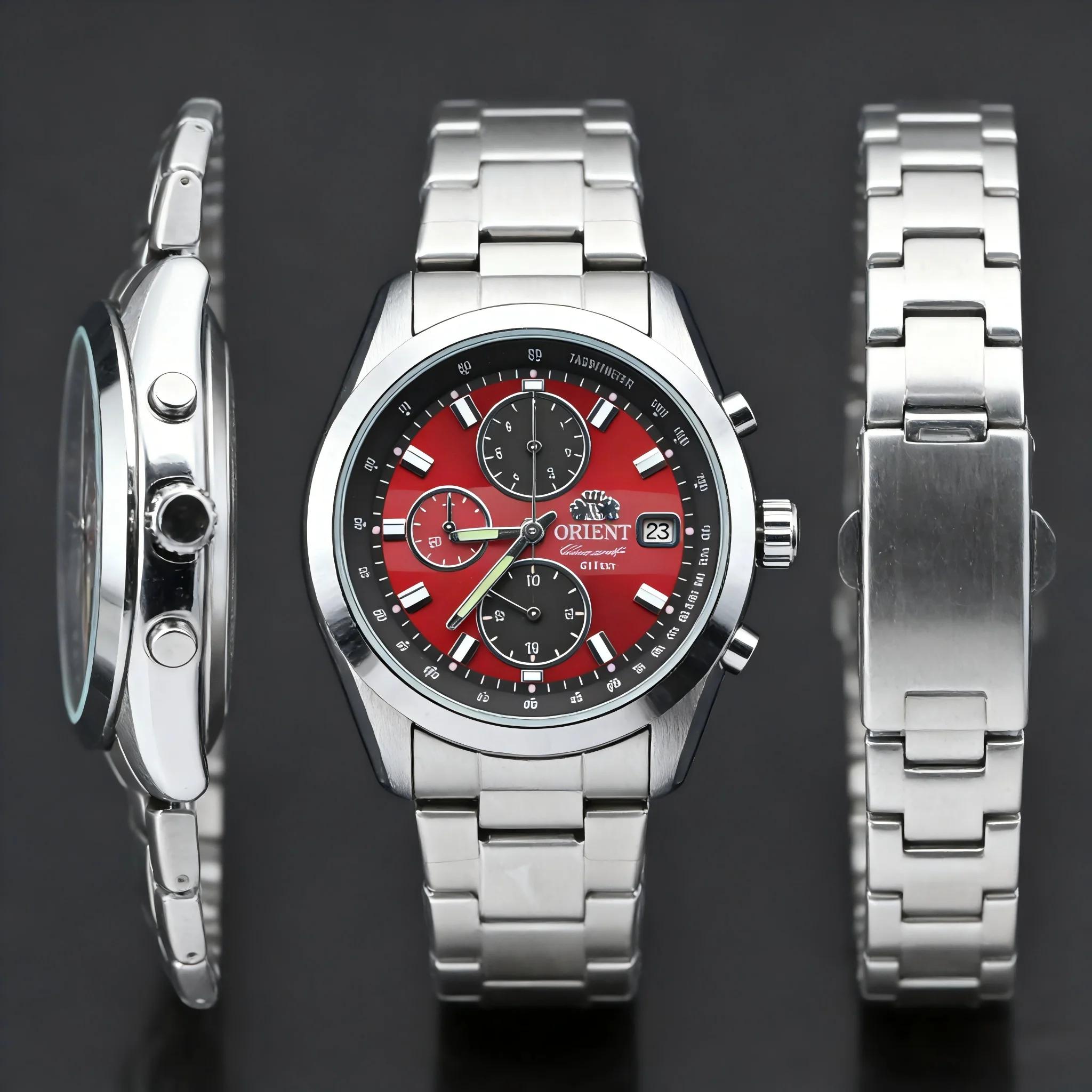 Orient Montre chronographe à quartz pour homme, cadran rouge, bracelet en acier inoxydable, montre-b
