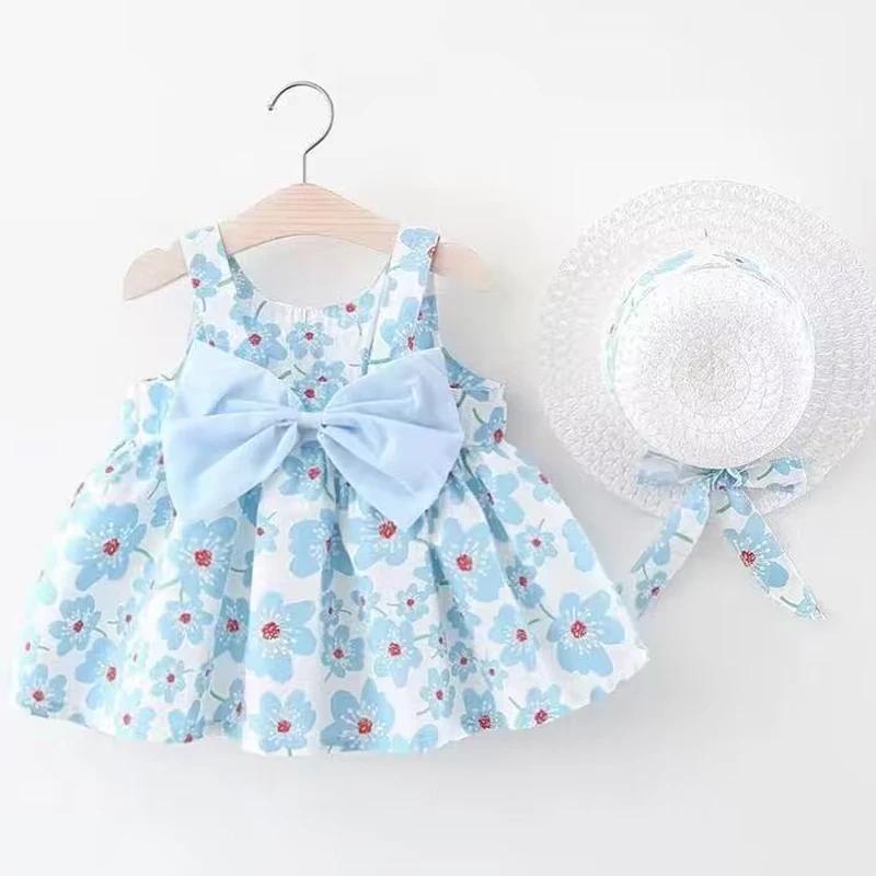 Vêtements d'été pour bébés de 0 à 3 ans, robe de princesse fleurie sans manches avec chapeau et nœud