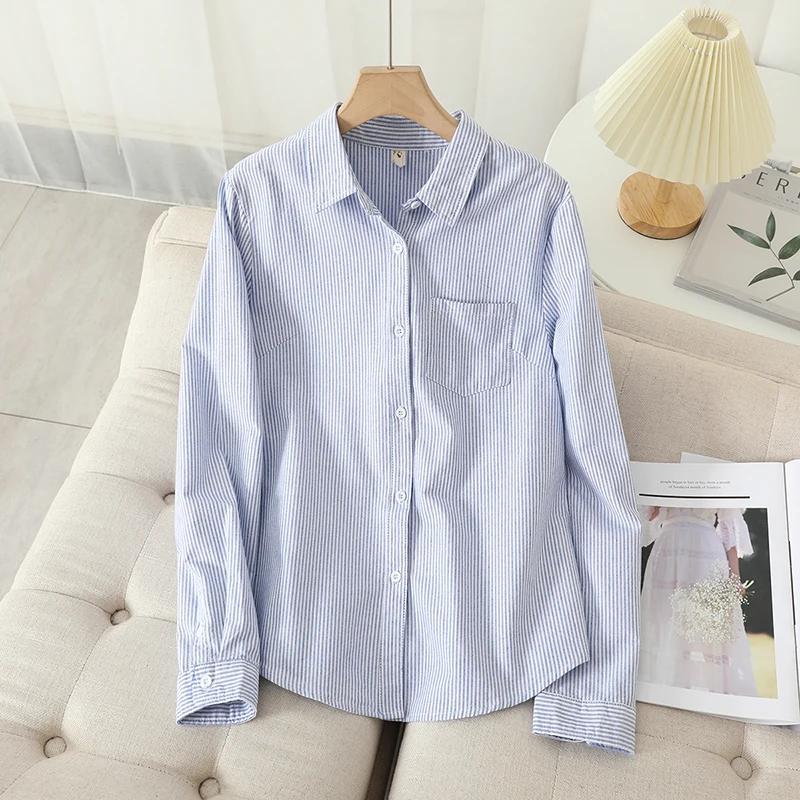 Chemise Oxford décontractée en coton pour femmes, chemisier rayé pour dames, chemises monochromes, b