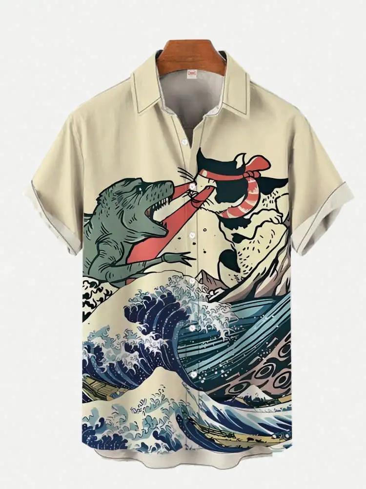 Chemise hawaïenne à manches courtes pour hommes, haut de style art japonais haut de gamme, chemise d