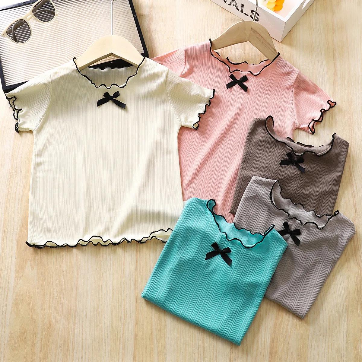 T-shirts d'été à manches courtes en tricot fin avec volants et dentelle pour bébés filles, nouveaux 