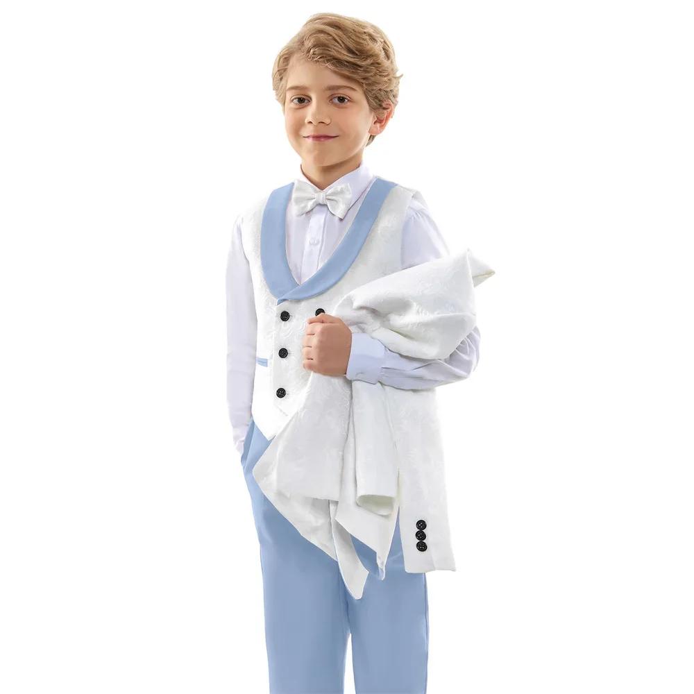 Costume formel classique 4 pièces pour garçons, blanc et bleu ciel contrasté, blazer, gilet et panta